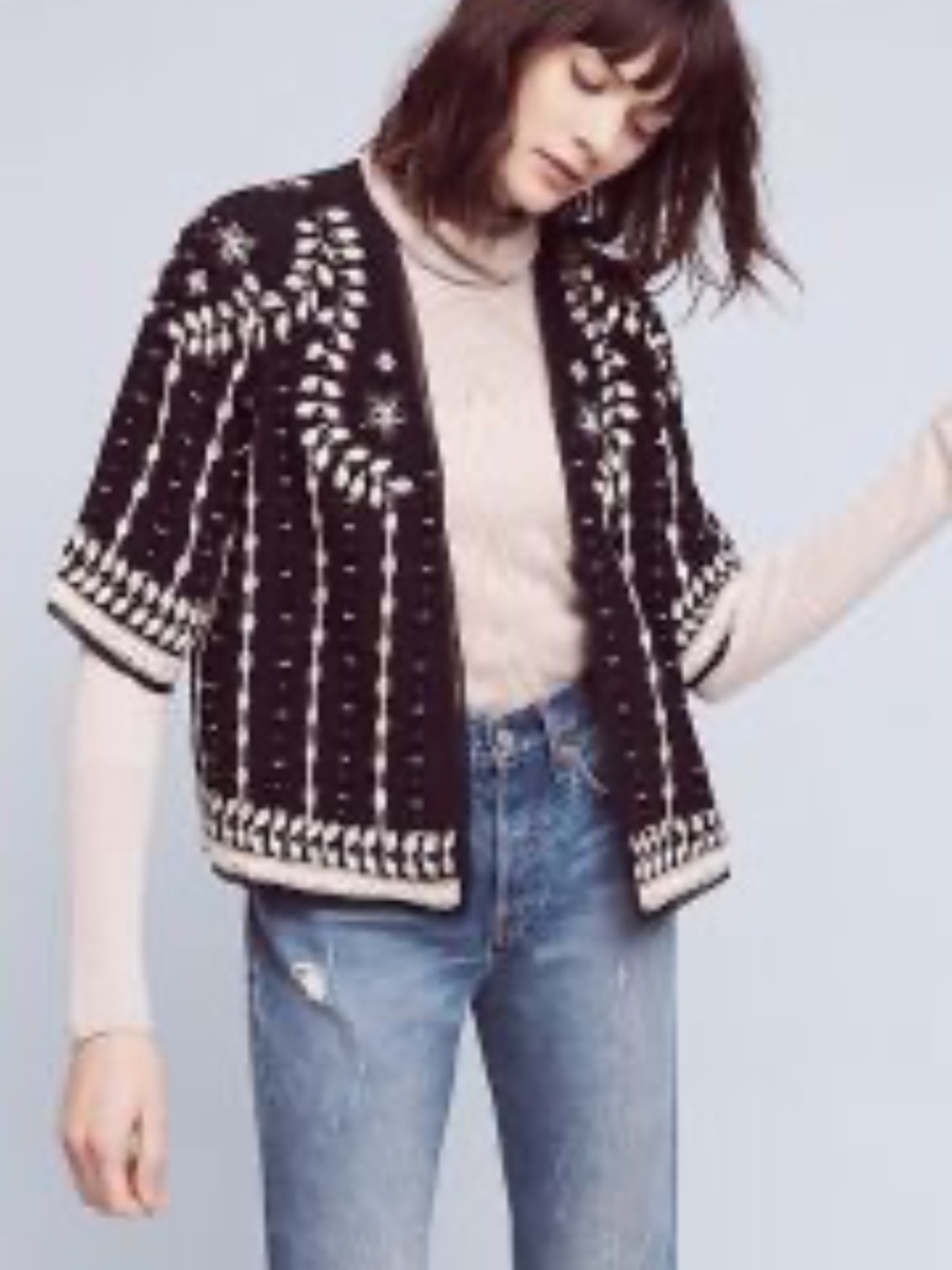 Love Sam Black & White Embroidered Beaded Open Knit Cardigan